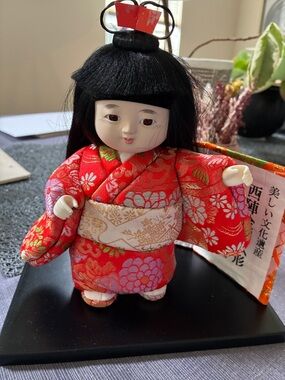 Red Japanese Kimono Doll with Floral Pattern